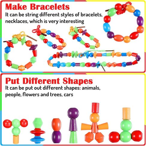 Shappy 324 Pcs Wooden Lacing Beads for Wooden String Beads Threading Toys Montessori Lacing Toys Fine Motor Skills Developmental Educational Plaything Sensory Occupational Activities Autism OT in Kuwait