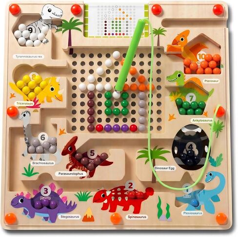 Magnetic Color and Number Maze for Toddlers, Wooden Dinosaur Counting Sorting Board with 20 Patterns Cards, Montessori Fine Motor Skills Toys for 3 4 5 Year Old Boys Girls Kids Gift in Kuwait