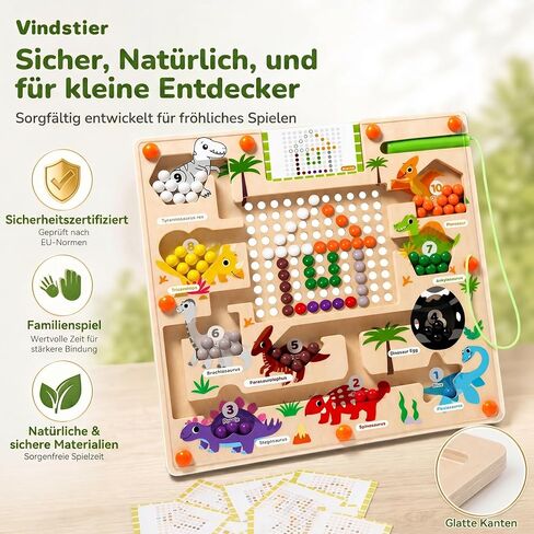 Magnetic Color and Number Maze for Toddlers, Wooden Dinosaur Counting Sorting Board with 20 Patterns Cards, Montessori Fine Motor Skills Toys for 3 4 5 Year Old Boys Girls Kids Gift in Kuwait