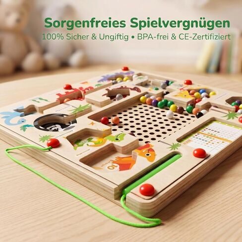 Magnetic Color and Number Maze for Toddlers, Wooden Dinosaur Counting Sorting Board with 20 Patterns Cards, Montessori Fine Motor Skills Toys for 3 4 5 Year Old Boys Girls Kids Gift in Kuwait