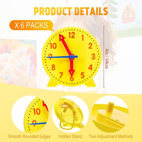 6 Pcs Teaching Clock for Kids, 4'' Learning Clock for Telling Time, Math Classroom Clocks Kit with Movable Hands for Teachers Students Early Education Classroom Supplies in Kuwait