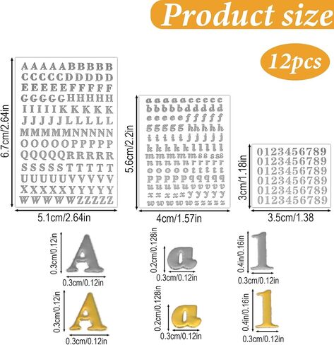 LXUEJIE 12 Sheets Small Letter Stickers, 3 Sizes Mini Number Stickers | 3D Self-Adhesive Mini Letter Nail Sticker Glitter Alloy Decals for Scrapbooking Nail Art Epoxy Resin Crafts(Gold,Silver) in Kuwait