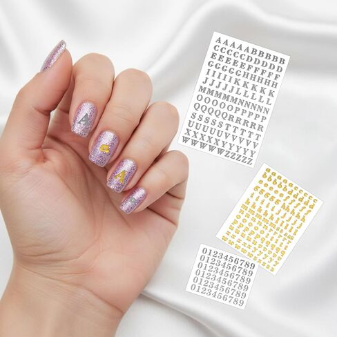 LXUEJIE 12 Sheets Small Letter Stickers, 3 Sizes Mini Number Stickers | 3D Self-Adhesive Mini Letter Nail Sticker Glitter Alloy Decals for Scrapbooking Nail Art Epoxy Resin Crafts(Gold,Silver) in Kuwait