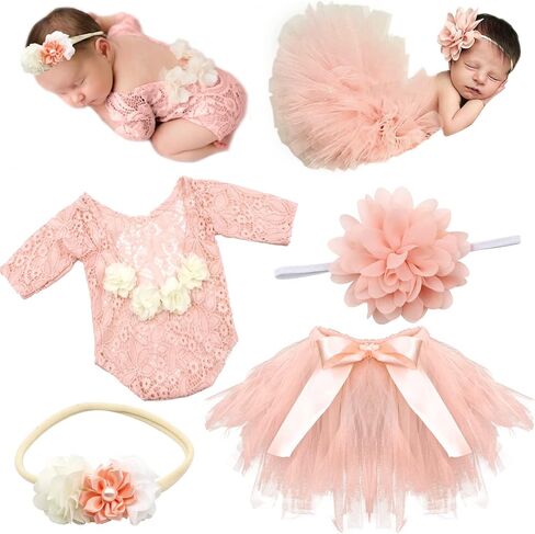 4 PCS Newborn Photography Props Outfits - Baby Tutu Skirt & Lace Romper Cute Bow Headdress Flower Headband Sets for Infants Girl Boy in Kuwait