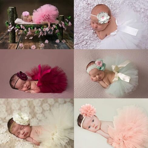 4 PCS Newborn Photography Props Outfits - Baby Tutu Skirt & Lace Romper Cute Bow Headdress Flower Headband Sets for Infants Girl Boy in Kuwait