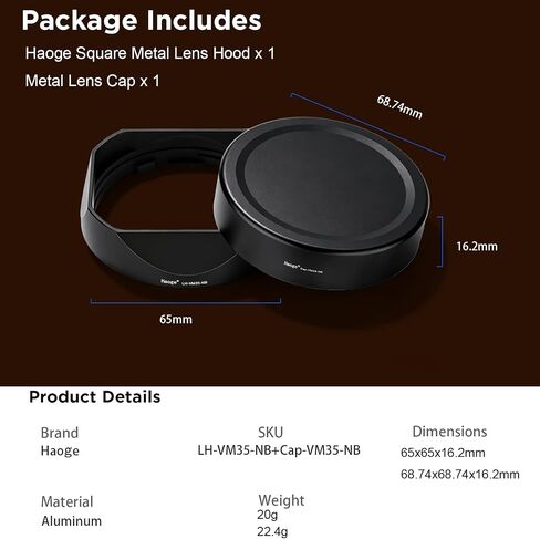 Haoge Bayonet Metal Square Lens Hood for Voigtlander NOKTON 35mm F1.2 II/III,40mm F1.2,50mm F1.2 Aspherical Lens for VM Mount Accessories LH-VM35-NB Black,with Cap in Kuwait