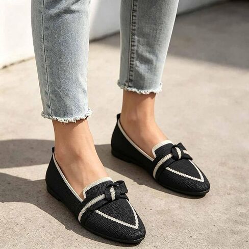 Women's Bow Knit Loafers - Pointed Toe Slip-On Breathable Casual Flat Shoes in Kuwait