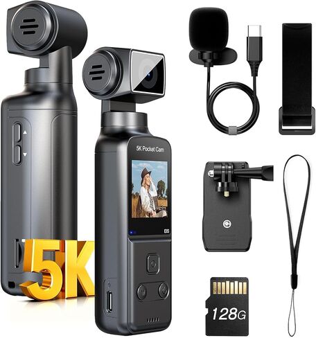 BOBLOV 5K Body Camera with Microphone, W5 Vlogging Camera, 5K/15FPS and 4K/60FPS with 270° Rotating Lens, External Mic Support, Clip/Strap Options, EIS Stabilization for Meeting, and Daily Use (128GB) in Kuwait