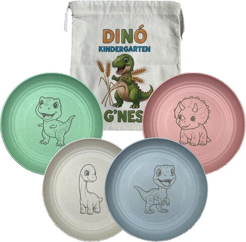 G’nes 9" Toddler Plates - Safety Certified BPA-free & Non-Toxic Wheat Straw Kids Plates - Unbreakable, Microwave & Dishwasher Safe - 4-Pack Dinosaur Dinnerware Set with Bonus Drawstring Bag in Kuwait