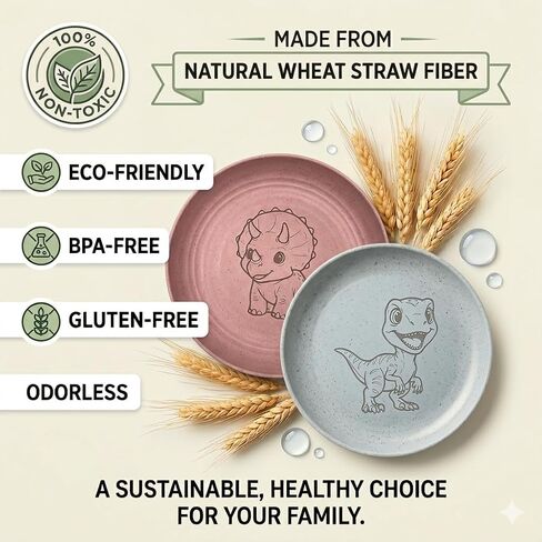 G’nes 9" Toddler Plates - Safety Certified BPA-free & Non-Toxic Wheat Straw Kids Plates - Unbreakable, Microwave & Dishwasher Safe - 4-Pack Dinosaur Dinnerware Set with Bonus Drawstring Bag in Kuwait