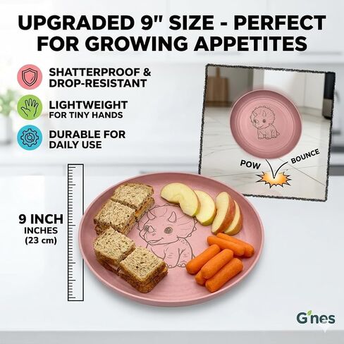 G’nes 9" Toddler Plates - Safety Certified BPA-free & Non-Toxic Wheat Straw Kids Plates - Unbreakable, Microwave & Dishwasher Safe - 4-Pack Dinosaur Dinnerware Set with Bonus Drawstring Bag in Kuwait