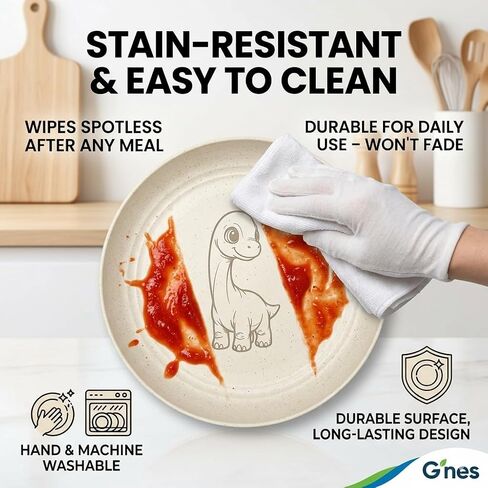 G’nes 9" Toddler Plates - Safety Certified BPA-free & Non-Toxic Wheat Straw Kids Plates - Unbreakable, Microwave & Dishwasher Safe - 4-Pack Dinosaur Dinnerware Set with Bonus Drawstring Bag in Kuwait
