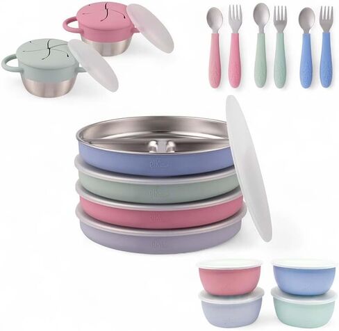 Elk and Friends Kids Stainless Steel Mealtime Bundle | 16 Pcs Dinnerware Set | Plates, Bowls, Snack Cups & Toddler Utensils | Travel Storage Lids | Dishwasher Safe in Kuwait