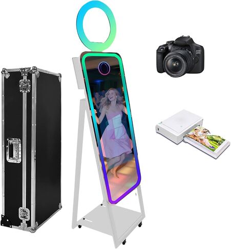 40'' Magic Mirror Photo Booth,21.5'' Interactive Touch Screen,Built-in Mini PC,RGB Light and Sharing for Event Party Wedding Rental (White, Machine+Camera+Mini Printer) in Kuwait