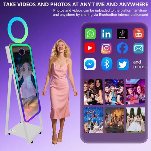 40'' Magic Mirror Photo Booth,21.5'' Interactive Touch Screen,Built-in Mini PC,RGB Light and Sharing for Event Party Wedding Rental (White, Machine+Camera+Mini Printer) in Kuwait