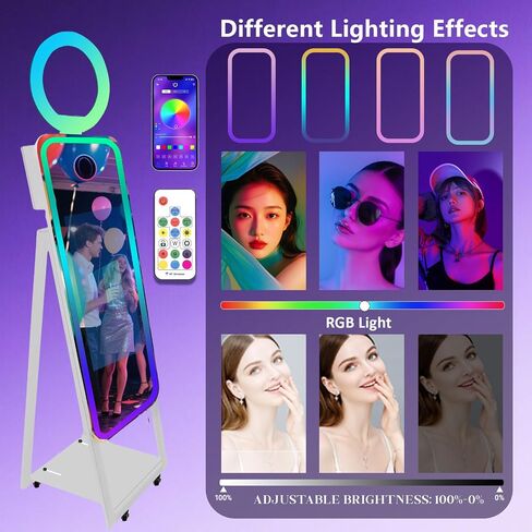 40'' Magic Mirror Photo Booth,21.5'' Interactive Touch Screen,Built-in Mini PC,RGB Light and Sharing for Event Party Wedding Rental (White, Machine+Camera+Mini Printer) in Kuwait