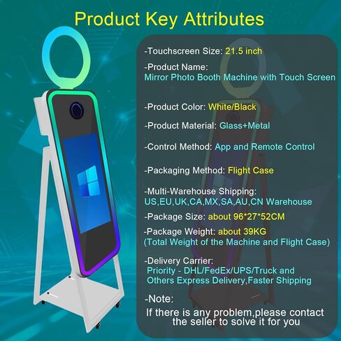 40'' Magic Mirror Photo Booth,21.5'' Interactive Touch Screen,Built-in Mini PC,RGB Light and Sharing for Event Party Wedding Rental (White, Machine+Camera+Mini Printer) in Kuwait