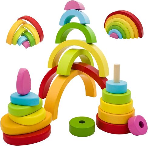 MEGRANATE Montessori Wooden Rainbow Stacking Toys for Kids Wood Building Blocks Nesting Puzzle Toy Colorful Stacker Arch Game Sensory Educational Learning Toys for 3+ Year Old Kids in Kuwait