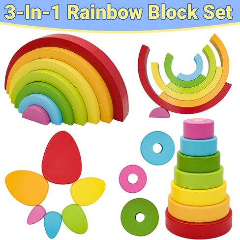 MEGRANATE Montessori Wooden Rainbow Stacking Toys for Kids Wood Building Blocks Nesting Puzzle Toy Colorful Stacker Arch Game Sensory Educational Learning Toys for 3+ Year Old Kids in Kuwait