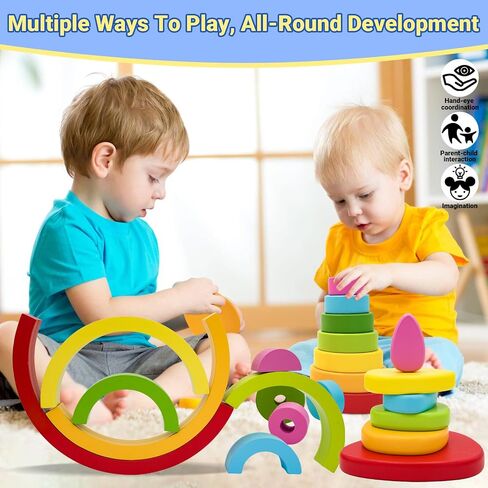 MEGRANATE Montessori Wooden Rainbow Stacking Toys for Kids Wood Building Blocks Nesting Puzzle Toy Colorful Stacker Arch Game Sensory Educational Learning Toys for 3+ Year Old Kids in Kuwait