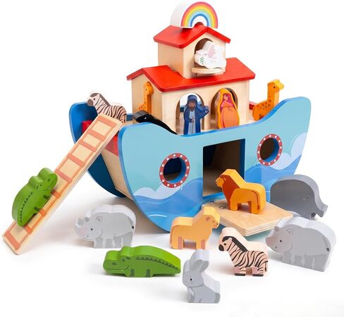 Wooden Noah's Ark Toy Baptism Gift for 1 Year Old Baby Boys and Girls | Montessori Learning Toy with Animal Shape Sorter & Bible Story Book, Christian Toys for Toddlers 1-3 Christmas Birthday Gifts in Kuwait