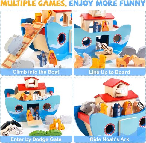Wooden Noah's Ark Toy Baptism Gift for 1 Year Old Baby Boys and Girls | Montessori Learning Toy with Animal Shape Sorter & Bible Story Book, Christian Toys for Toddlers 1-3 Christmas Birthday Gifts in Kuwait