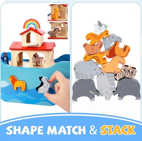 Wooden Noah's Ark Toy Baptism Gift for 1 Year Old Baby Boys and Girls | Montessori Learning Toy with Animal Shape Sorter & Bible Story Book, Christian Toys for Toddlers 1-3 Christmas Birthday Gifts in Kuwait