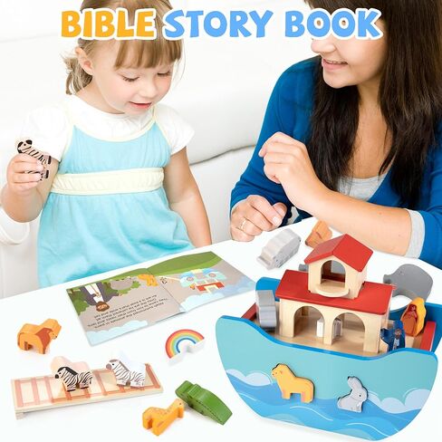 Wooden Noah's Ark Toy Baptism Gift for 1 Year Old Baby Boys and Girls | Montessori Learning Toy with Animal Shape Sorter & Bible Story Book, Christian Toys for Toddlers 1-3 Christmas Birthday Gifts in Kuwait