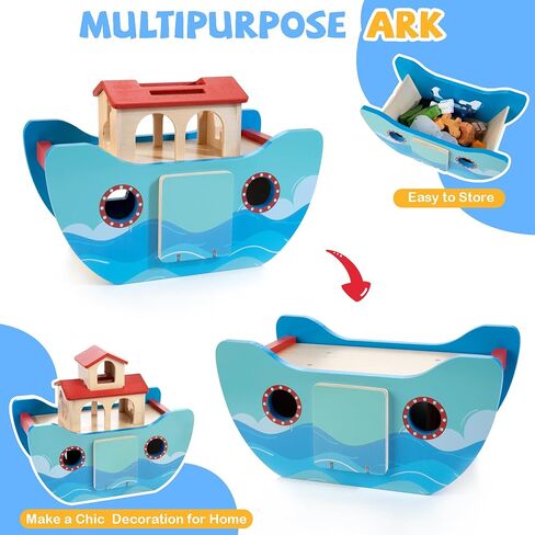 Wooden Noah's Ark Toy Baptism Gift for 1 Year Old Baby Boys and Girls | Montessori Learning Toy with Animal Shape Sorter & Bible Story Book, Christian Toys for Toddlers 1-3 Christmas Birthday Gifts in Kuwait