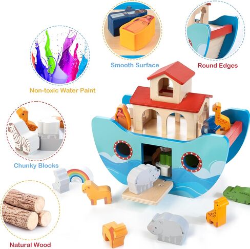 Wooden Noah's Ark Toy Baptism Gift for 1 Year Old Baby Boys and Girls | Montessori Learning Toy with Animal Shape Sorter & Bible Story Book, Christian Toys for Toddlers 1-3 Christmas Birthday Gifts in Kuwait