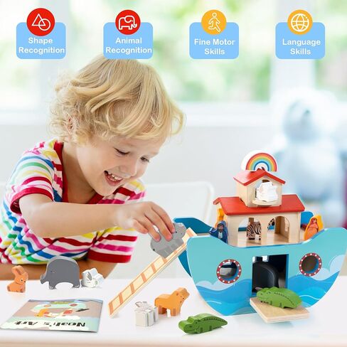 Wooden Noah's Ark Toy Baptism Gift for 1 Year Old Baby Boys and Girls | Montessori Learning Toy with Animal Shape Sorter & Bible Story Book, Christian Toys for Toddlers 1-3 Christmas Birthday Gifts in Kuwait