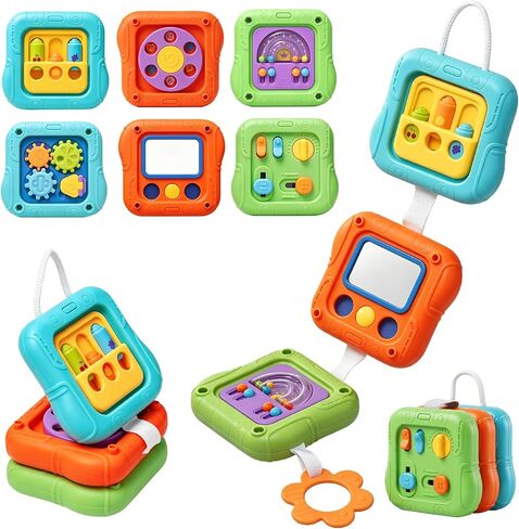 SOCBTNSO Montessori Busy Board Travel Toy for Toddlers | 3-in-1 Compact Activity Cube with 6 Sides, Airplane Car activities, Baby Travel Essential Gifts for 1-3 Years in Kuwait
