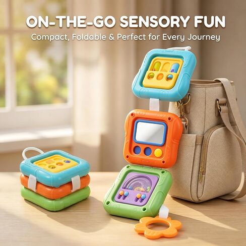 SOCBTNSO Montessori Busy Board Travel Toy for Toddlers | 3-in-1 Compact Activity Cube with 6 Sides, Airplane Car activities, Baby Travel Essential Gifts for 1-3 Years in Kuwait