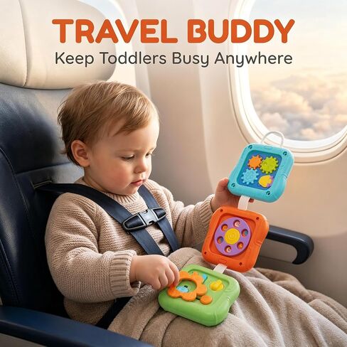 SOCBTNSO Montessori Busy Board Travel Toy for Toddlers | 3-in-1 Compact Activity Cube with 6 Sides, Airplane Car activities, Baby Travel Essential Gifts for 1-3 Years in Kuwait