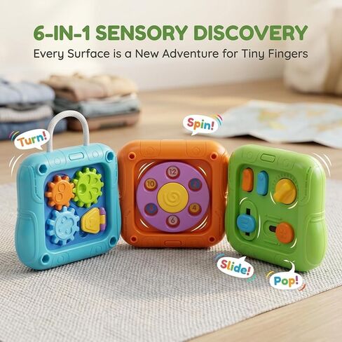 SOCBTNSO Montessori Busy Board Travel Toy for Toddlers | 3-in-1 Compact Activity Cube with 6 Sides, Airplane Car activities, Baby Travel Essential Gifts for 1-3 Years in Kuwait