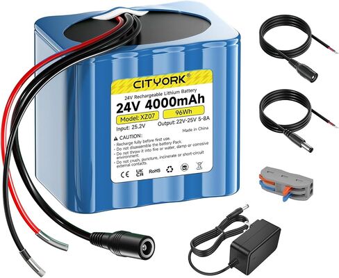 CITYORK 24V Rechargeable Battery 4000mAh with Charger, Bare Leads Wire 24V Battery Pack Compatible with 24V Devices, DIY Project, Speakers, RC Car, LED Strip, Solar Panels, Camcorder, etc in Kuwait