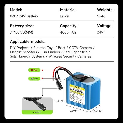 CITYORK 24V Rechargeable Battery 4000mAh with Charger, Bare Leads Wire 24V Battery Pack Compatible with 24V Devices, DIY Project, Speakers, RC Car, LED Strip, Solar Panels, Camcorder, etc in Kuwait