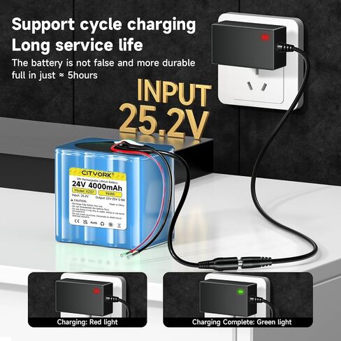 CITYORK 24V Rechargeable Battery 4000mAh with Charger, Bare Leads Wire 24V Battery Pack Compatible with 24V Devices, DIY Project, Speakers, RC Car, LED Strip, Solar Panels, Camcorder, etc in Kuwait
