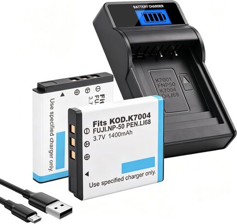 2 Pack Battery and Slim USB Charger for Kodak KLIC-7004 K7004 NP-50 D-Li68 and EasyShare M2008 V1273 V1233 V1253 Zi8 Zi12 PlayFull Dual PlaySport PlayTouch Q7 Q10 Q-S1 Ricoh WG-M2 Camera in Kuwait