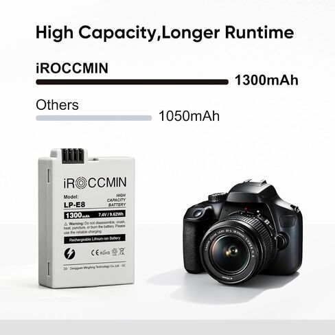 2Pcs LP-E8 1300mAh High Capacity Battery | Compatible with Canon LC-E8E, EOS 650D 600D 550D, Kiss X7i X6i X4 X5 X6, Rebel T3i, T2i, T4i, T5i cameras in Saudi Arabia