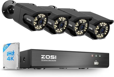 ZOSI C105 8CH 4K PoE Security Camera System, 4 x 8MP Audio Camera, 2TB HDD | 100ft Night Vision, AI Human/Vehicle Detection, 24/7 Audio Recording , IP66 Waterproof, 16CH NVR with 2TB HDD,16CH Expandable in Kuwait
