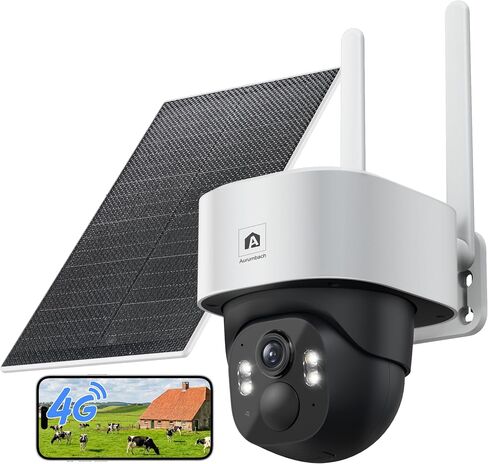 Aurumbach 4G LTE Cellular Solar Security Camera Wireless Outdoor, No WiFi Solar Powered Cameras, 4MP PTZ 360° View, Motion Tracking, Color Night Vision, AI Detection, Built-in eSIM in Kuwait