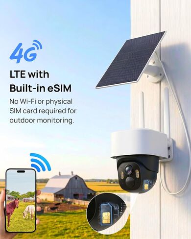 Aurumbach 4G LTE Cellular Solar Security Camera Wireless Outdoor, No WiFi Solar Powered Cameras, 4MP PTZ 360° View, Motion Tracking, Color Night Vision, AI Detection, Built-in eSIM in Kuwait