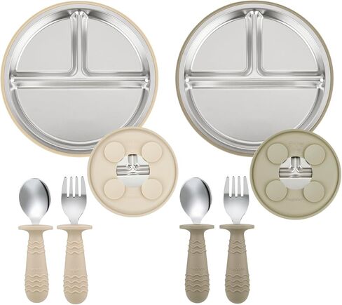 PandaEar 2 Pack Stainless Steel Baby Suction Plates & 2 Pack Spoons and Forks Set, Toddler Utensils Baby Feeding Set, Divided Plates for Baby Led Weaning Supplies, BPA-Free (Tan/Walnut) in Kuwait