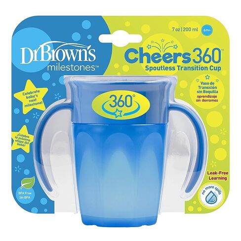 Dr. Brown's Milestones Cheers 360 Spoutless Transition Cup with Handles, Travel Friendly and Leak Free Sippy for Babies and Toddlers, Blue, BPA-Free, 7 oz/200 mL, 6m+ in Kuwait