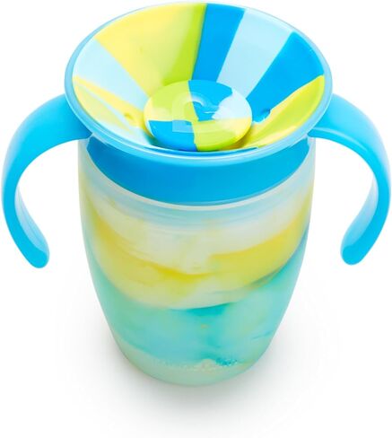 Munchkin Miracle 360 Sippy Cup for 6 Month Old, Spill Proof Baby and Toddler Cups with Transition Handles, 7 Ounce, 2 Pack, Tropical Swirl, Blue/Green in Kuwait