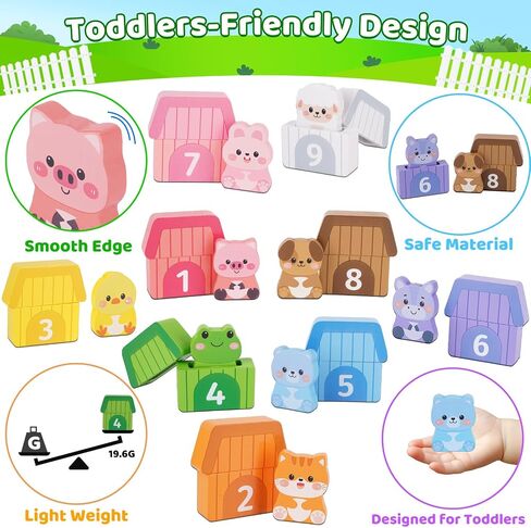 Montessori Wooden Farm Animals Toys for 1 2 3 Year Old Toddler Gifts | Kids Counting, Matching & Sorting Fine Motor Games, 1st Birthday Gifts, Learning Toys for Baby Boys Girls Age 12-18 Months in Kuwait