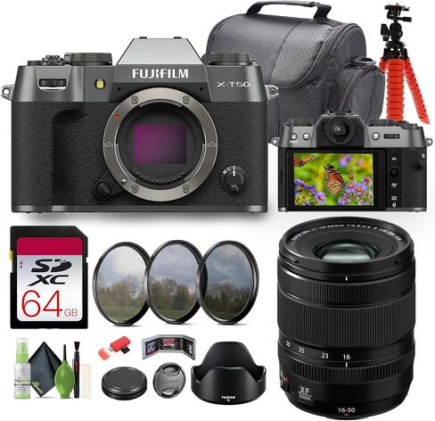 FUJIFILM X-T50 Mirrorless Digital Camera Body - Charcoal Bundle with Fuji XF 16-50mm f/2.8-4.8 R LM WR Lens + 64GB UHS-II SDXC Memory Card + Cleaning kit + 12 inch Flexible Tripod + More in Kuwait