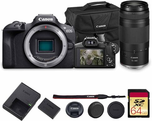 Canon EOS R100 Mirrorless Camera | 24.1MP APS-C Sensor 4K UHD Video | Compact Lightweight Beginner-Friendly Camera for Travel (6052C002) + Canon RF 75-300mm Lens + Bag + 64GB Card in Kuwait
