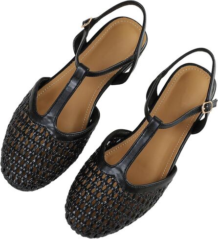 Women Hand Woven Flat Sandals Trendy Crochet Ballet Flats T-Strap Slingback with Adjustable Buckle Summer Mesh Breathable Casual Dress Comfort Shoes in Kuwait